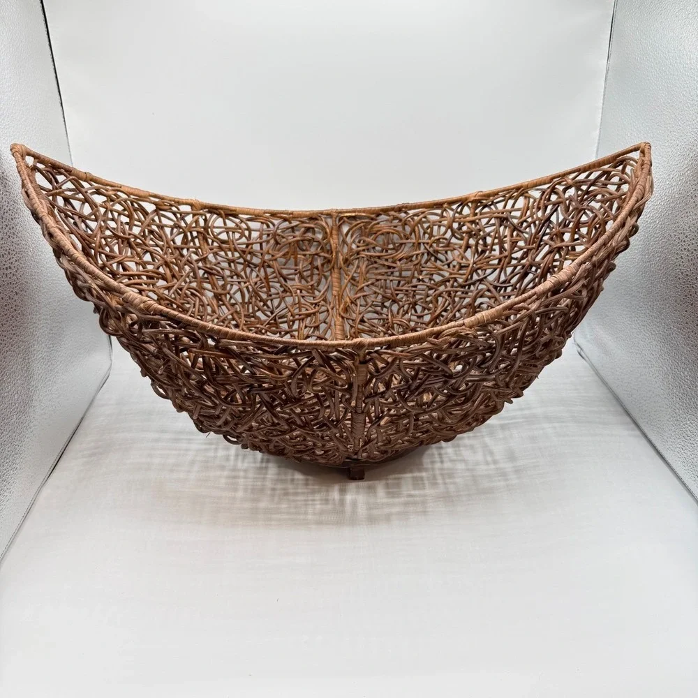 Vintage Sculptural Rattan Basket Bowl Wood Boho Organic Modern Centerpiece Decor